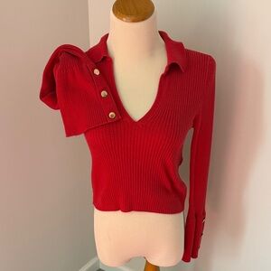 Maeve Red Ribbed V-Neck Collared Sweater